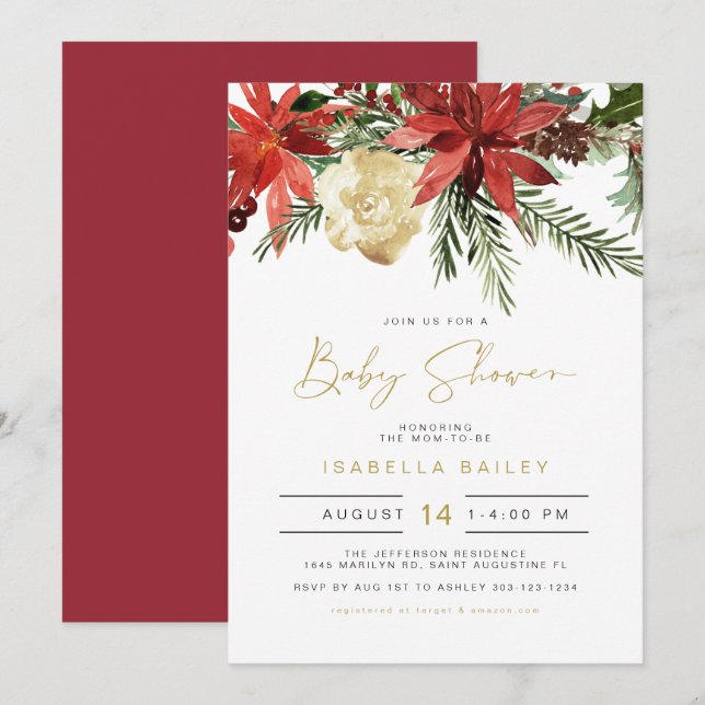JOVI Helgdag Red och Guld Poinsettia Baby Shower Inbjudningar (Fram/baksida)