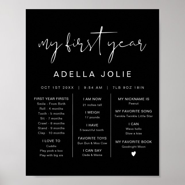 JOVI Modern Boho Black First Year Milestone Poster (Framsidan)
