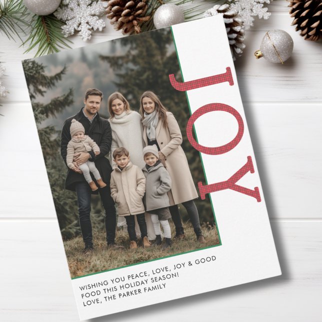JOY! 1 foto, vit, röd, Grönt klassisk Julkort (JOY! 1 Photo, White, Red, Green, Plaid Pattern, Minimal, Classic Holiday Card.)