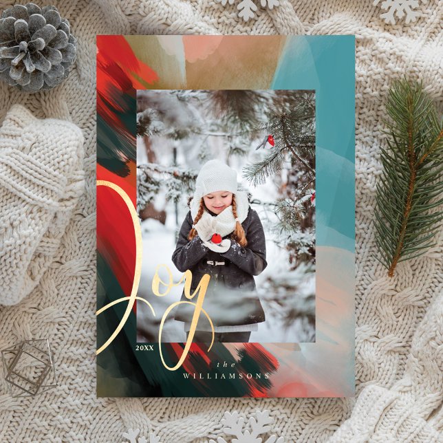Joy Abstrakt Watercolor Paint Push Stroke Photo Julkort (Joy Abstract Watercolor Paint Brush Stroke Photo Holiday Card)