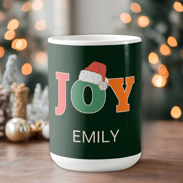 JOY! Anpassningsbar för Santa Hat Script Typograph Kaffemugg (JOY! Santa Hat Script Typography Custom Coffee Mug)