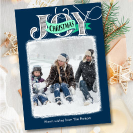 JOY Blue Modern Bold Script Simple Photo Jul Julkort