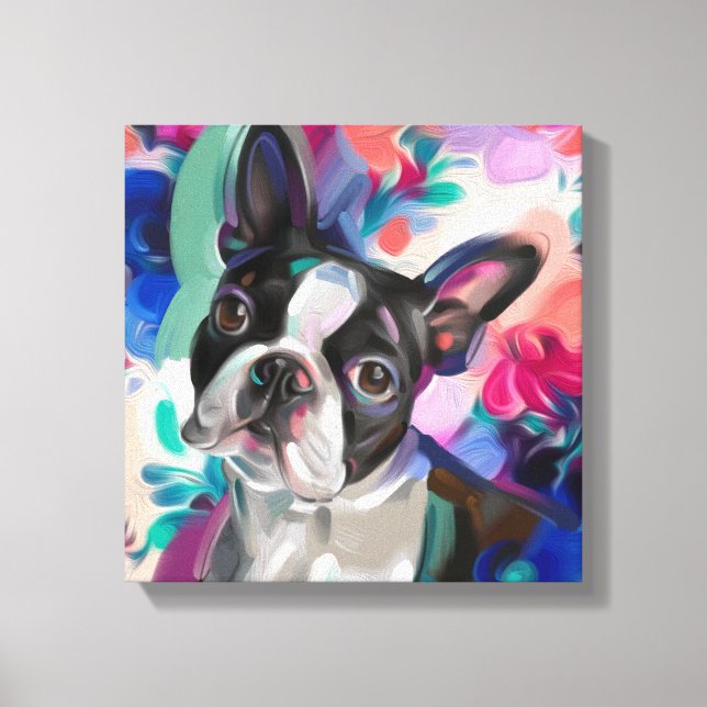 "Joy" Boston Terrier Hund Art-utskrift på arbetsyt Canvastryck (Framsida)
