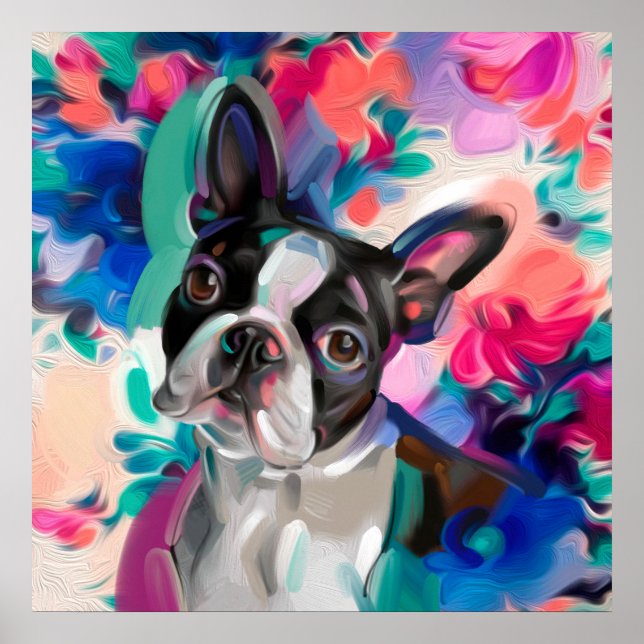 "Joy" Boston Terrier Hund Art-utskrift på papper Poster (Framsidan)