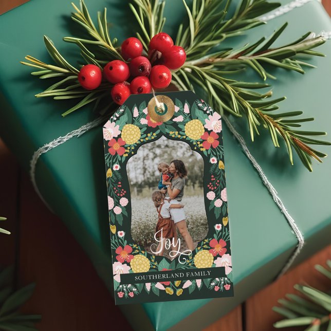 Joy Botanical Blommigt Festive Garden Mönster Phot Presentetikett (Joy Botanical Floral Festive Garden Pattern Photo Gift Tags)
