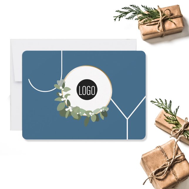 Joy Business Logotyp Glad helg Dusty Blue Julkort (Joy business holiday card blue, green, white. Custom logo.)