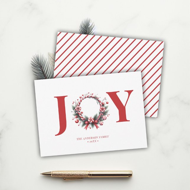 Joy Candy Wandans minimalistisk jul Julkort (joy whimsical christmas wreath holiday card candy cane foliage greenery elegant minimalist)