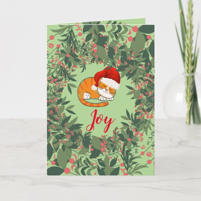 Joy Cat Helgdagars Löv Utandning Rosa Grönt Röd Kort (Framsida)