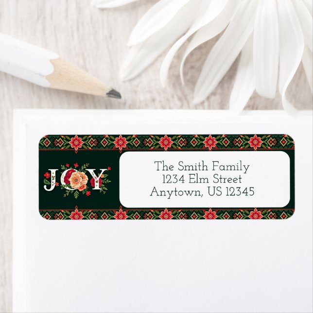 JOY christmas blommigt gräns adress Returadress Etikett (Insitu)