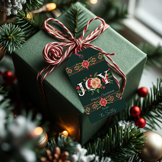 JOY christmas blommigt gräns personlig Presentetikett (Skapare uppladdad)