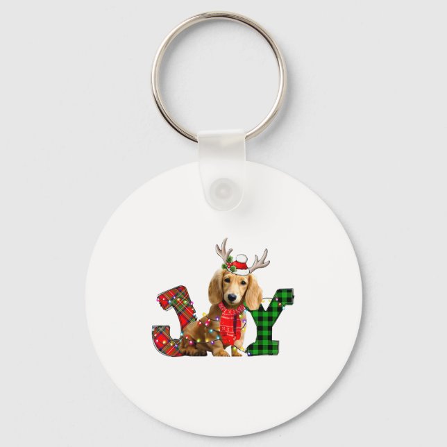 Joy Christmas Lights Long Haired Dachshund Dog San Nyckelring (Framsida)