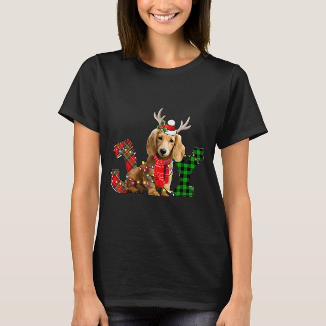 Joy Christmas Lights Long Haired Dachshund Dog San T Shirt (Framsida)