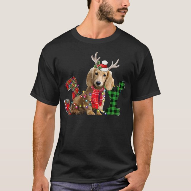 Joy Christmas Lights Long Haired Dachshund Dog San T Shirt (Framsida)