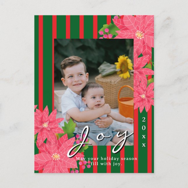 Joy Christmas Poinsettia Photo Red Green Helg Vykort (Framsida)