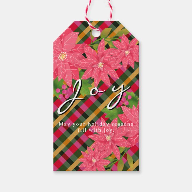 Joy Christmas Poinsettia Plaid Business Logo Gift Presentetikett (Framsidan)