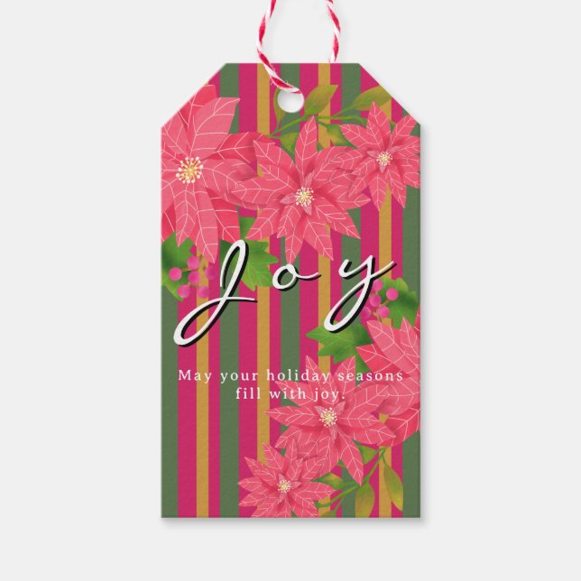 Joy Christmas Poinsettia Stripe Business Logo Gift Presentetikett (Framsidan)