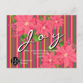 Joy Christmas Poinsettia Stripe Business Logo Gift Vykort