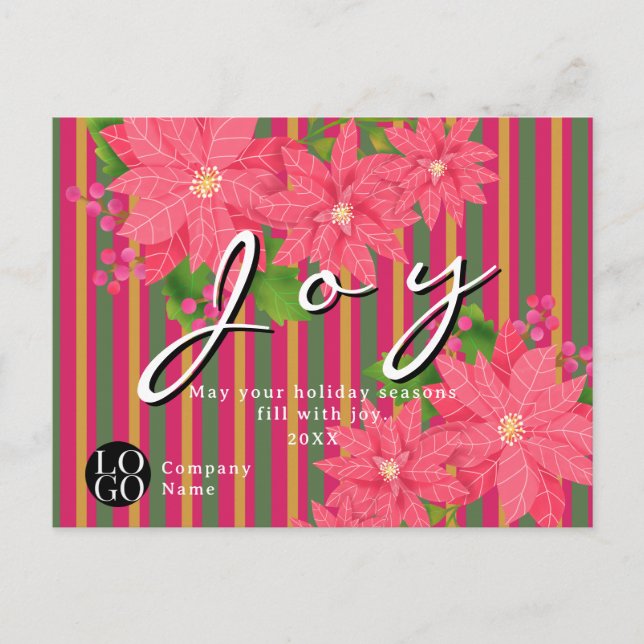 Joy Christmas Poinsettia Stripe Business Logo Gift Vykort (Framsida)