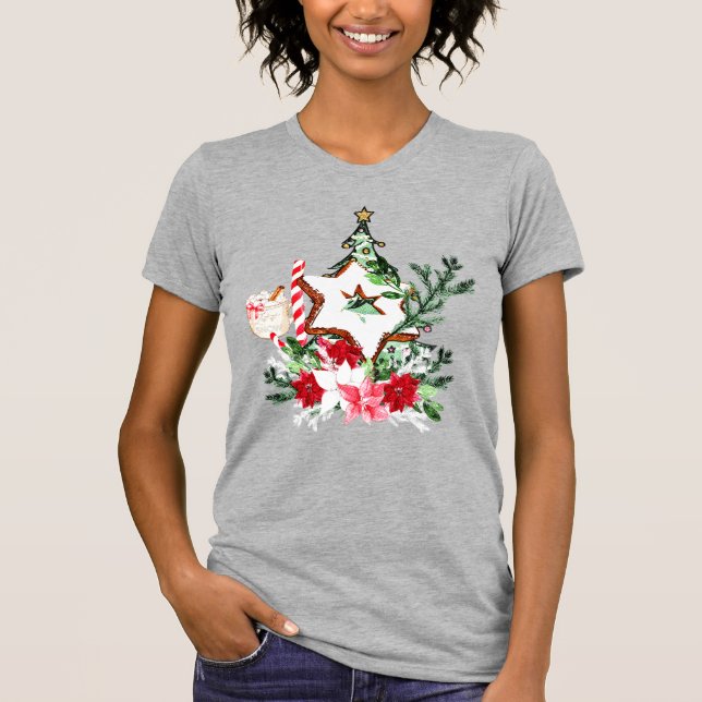 JOY Christmas Tree Flowers Candy Cane T Shirt (Framsida)