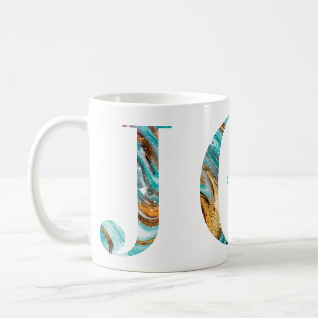 Joy Colorful Teal & Guld Marble Typography Kaffemugg (Vänster)