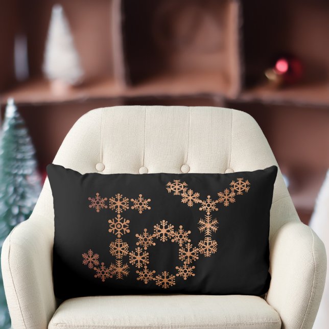Joy Copper Snöflingor Black Festive Lumbar Pillow Lumbarkudde (Festive snowflakes spell out the word Joy. It's double sided with snowflakes on the reverse)