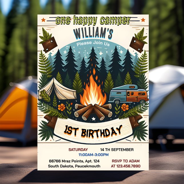 Joy Cute Nature Boys One Lycklig Camper 1:a födels Inbjudningar (Skapare uppladdad)