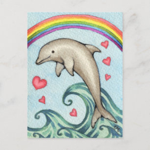 Joy - Cute Rainbow Dolphin Art Vykort