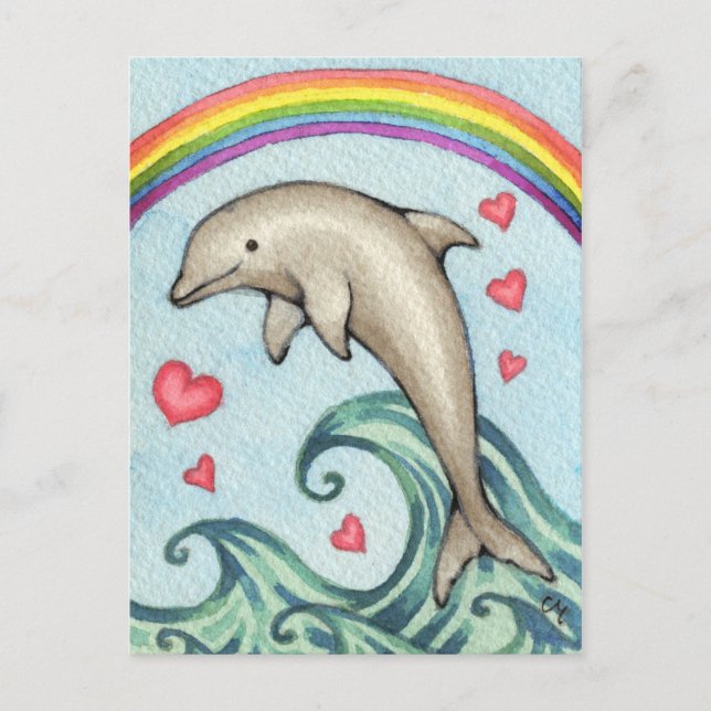 Joy - Cute Rainbow Dolphin Art Vykort (Framsida)