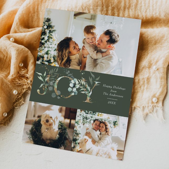 JOY Elegant 3 Foto Guld Grön Julkort (Skapare uppladdad)