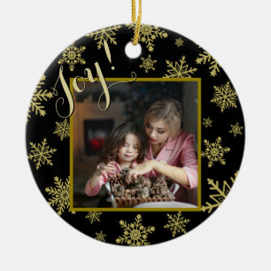 Joy! Elegant Black & Guld Round Helgdag Photo Julgransprydnad Keramik