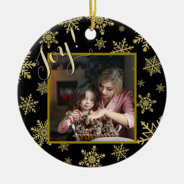 Joy! Elegant Black & Guld Round Helgdag Photo Julgransprydnad Keramik (Framsidan)