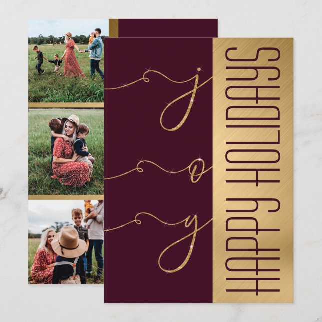 Joy Elegant Guld Burgundy Glitter Photo Helgdag Kort (Fram/baksida)