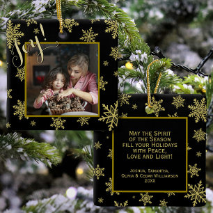 Joy! Elegant Guld Snöflingor Black Helgdag Photo Julgransprydnad Keramik