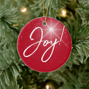 Joy! eller Ditt meddelande, vit text på Deep Red, Julgransprydnad Keramik