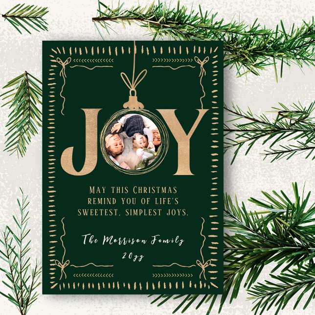 JOY Evergreen Gold Accents Classy Christmas Photo Julkort (JOY Evergreen Gold Accents Classy Christmas Photo Holiday Card)