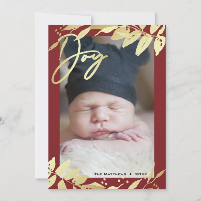Joy Family Photo Guld Burgundy Botaniska jul Julkort (Framsida)