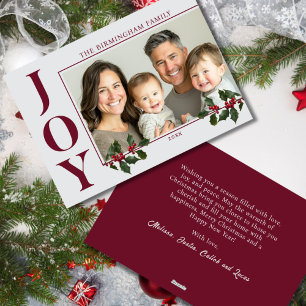 JOY Family Photo Red Flat Helgdag Card Julkort