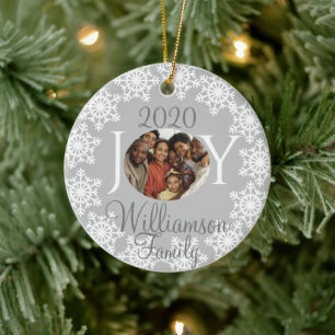 JOY Family Photo Silver Grått White Snöflingor V Julgransprydnad Keramik