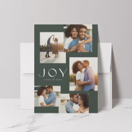 Joy fem fotokollage, modern grönt jul julkort