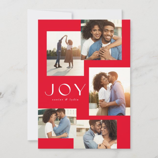 Joy fem fotokollage modern röd jul julkort (Framsida)