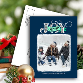 JOY Festive Blue Modern Script-julfoto Helg Vykort