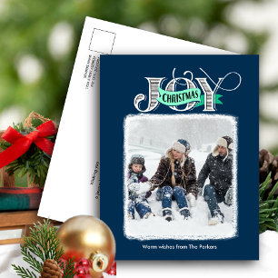 JOY Festive Blue Modern Script-julfoto Helg Vykort
