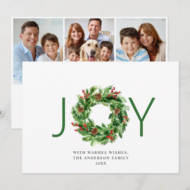 JOY Festive Holly Berry Krans Jul 3 Foto Julkort (Fram/baksida)