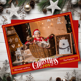 JOY Festive Red Guld Script Simple Photo Jul Julkort