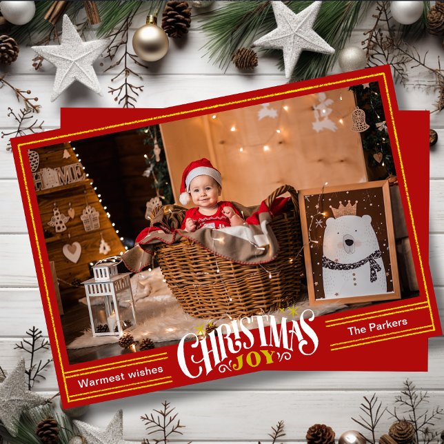 JOY Festive Red Guld Script Simple Photo Jul Julkort (Skapare uppladdad)