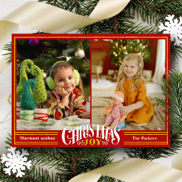 JOY Festive Red Guld Script Simple Photo Jul Julkort