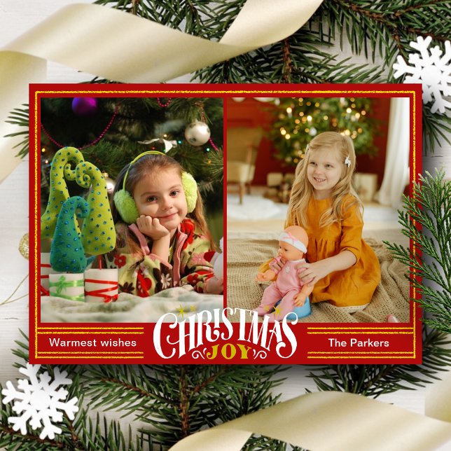 JOY Festive Red Guld Script Simple Photo Jul Julkort (Skapare uppladdad)