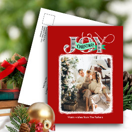 JOY Festive Red Modern Script-julfoto Helg Vykort