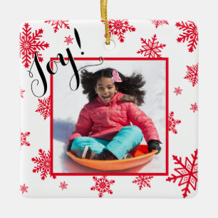 Joy! Festive Red Snöflingor jul Photo Ram Julgransprydnad Keramik