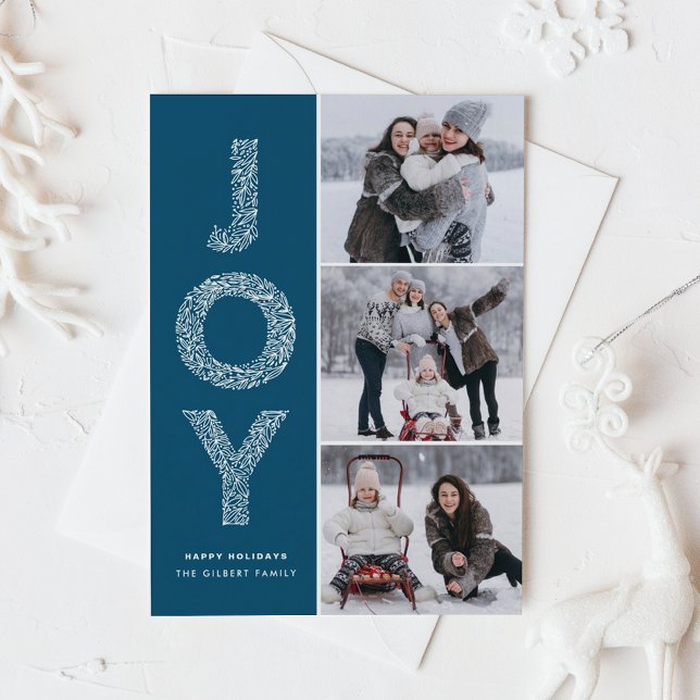 JOY Foliage Lettering Blue Photo Collage Julkort (JOY Foliage Lettering Blue Three Photo Collage Holiday Card)
